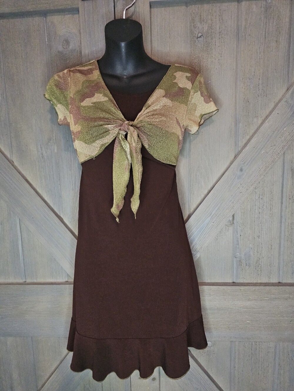 Byer Girl Size 14 Brown Camo Tie Front Dress Y2K Ruffle Hem Short Sleeve